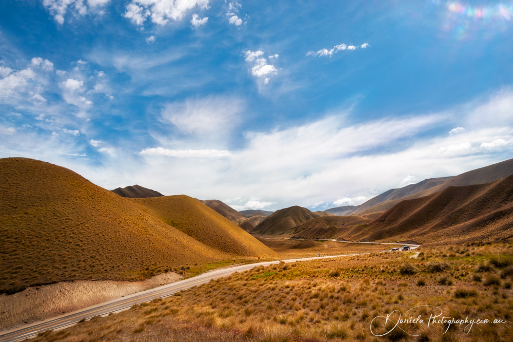 Lindis Pass Golden light and a flare
